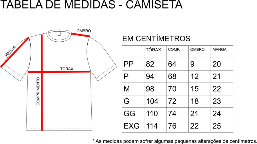 Tabela de medidas Camiseta
