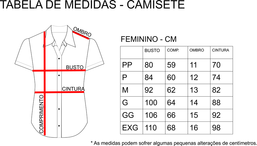 Tabela de medidas Camisete