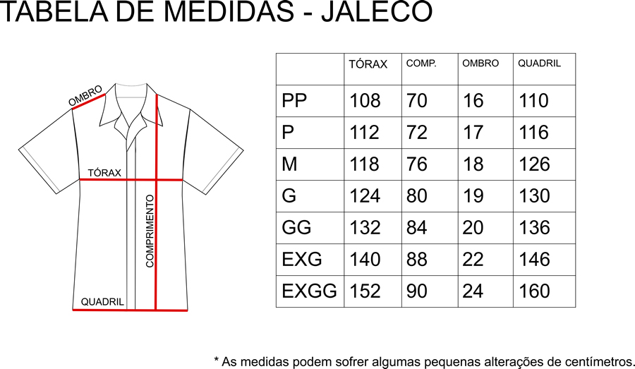Tabela de medidas Jaleco